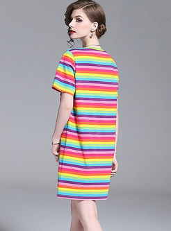 Rainbow Striped Cat Print T-shirt Dress