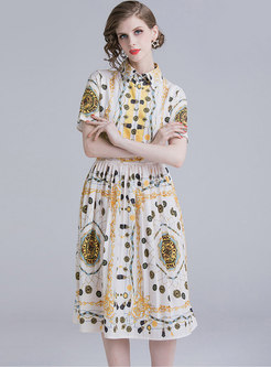Stylish Print Lapel Gathered Waist Pleated Dress