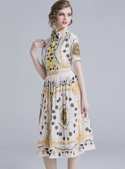 Stylish Print Lapel Gathered Waist Pleated Dress