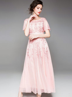 Pink Embroidered Gathered Waist Slim Party Maxi Dress