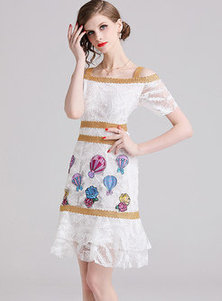 White Off Shoulder Mesh Embroidered Sheath Dress