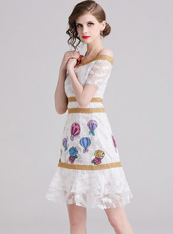 White Off Shoulder Mesh Embroidered Sheath Dress