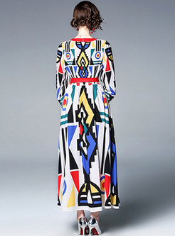 Geometric Color-blocked Print Tied Big Hem Maxi Dress