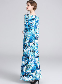 Elegant Print O-neck Slim Casual Maxi Dress