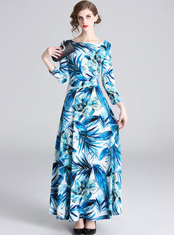 Elegant Print O-neck Slim Casual Maxi Dress