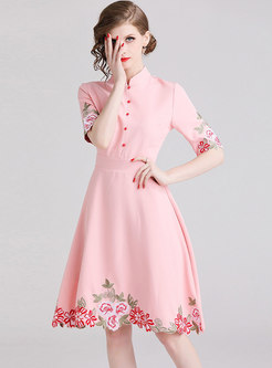 Pink Mock Neck Embroidered Homecoming Dress