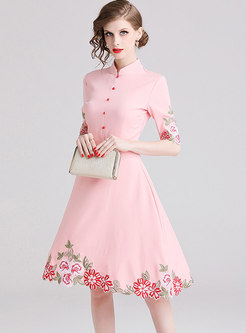 Pink Mock Neck Embroidered Homecoming Dress