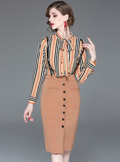 Striped Tie-collar Blouse & Sheath Suspender Skirt