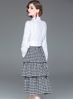 White Lapel Short Blouse & Grid Cake Skirt