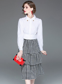 White Lapel Short Blouse & Grid Cake Skirt