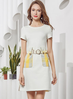 Color-blocked Splicing O-neck A-line Dress