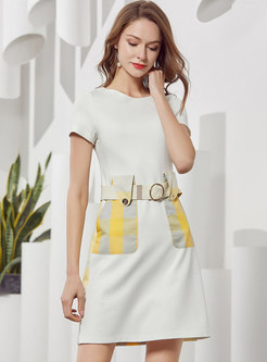 Color-blocked Splicing O-neck A-line Dress