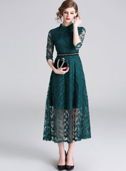 Mock Neck Openwork Party Lace Maxi Dress