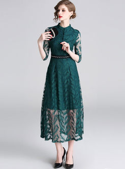 Mock Neck Openwork Party Lace Maxi Dress