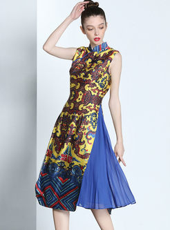 Sleeveless Pleated Improved Cheongsam Dress