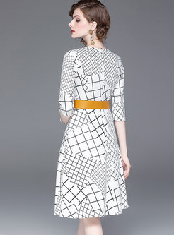 Chic Geometric Print Belted A Line Dress