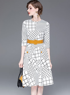 Chic Geometric Print Belted A Line Dress