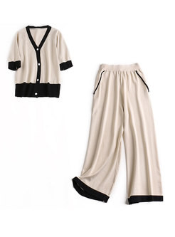 Casual Color-blocked V-neck Knitted Top & Wide Leg Pants