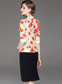 Elegant Print Slim Blazer & Asymmetric Bodycon Skirt