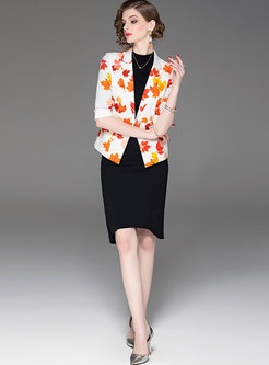 Elegant Print Slim Blazer & Asymmetric Bodycon Skirt