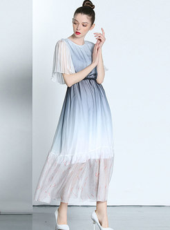 Chic Color-blocked Gathered Waist Falbala Maxi Dress