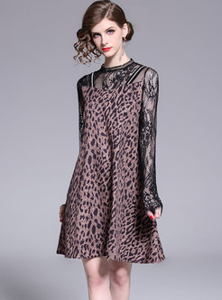 Stylish Leopard Splicing Stand Collar A-line Dress