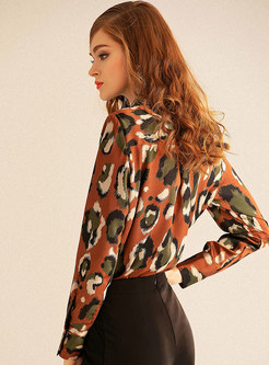 Hit Color Turn-down Collar Floral Print Blouse