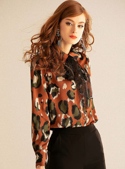 Hit Color Turn-down Collar Floral Print Blouse