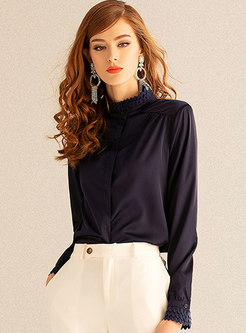 Trendy Navy Embroidered Single-breasted Blouse