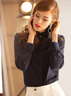 Trendy Navy Embroidered Single-breasted Blouse