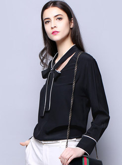 Fashion Tied Hollow Out Slim Silk Blouse