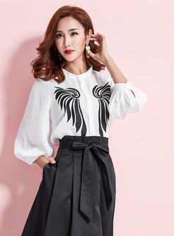Chic Embroidered Single-breasted Lantern Sleeve Blouse
