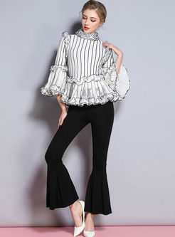 Ruffled Collar Flare Sleeve Striped Knitted Sweater