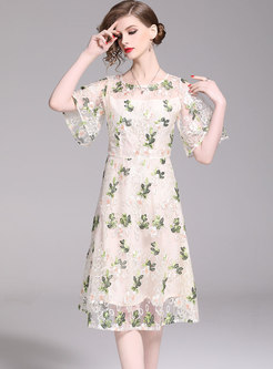 Chic Lace Embroidered Flare Sleeve A Line Dress