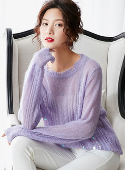 Casual Lantern Sleeve Sequins Loose Sweater