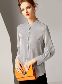 Striped Stand Collar Single-breasted Blouse