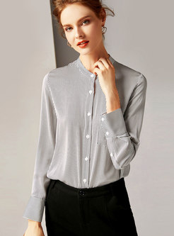 Striped Stand Collar Single-breasted Blouse