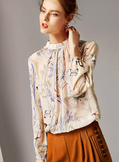 Chic Print Stand Collar Pullover Blouse