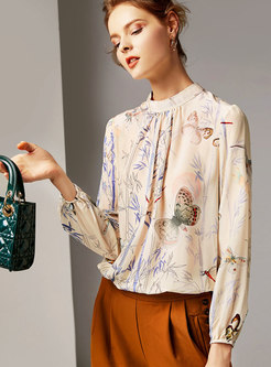 Chic Print Stand Collar Pullover Blouse