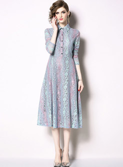 Stylish Color-blocked Lace Lapel High Waist Slim Dress