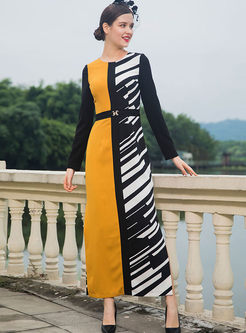Vintage Color-blocked Long Sleeve Slim Dress