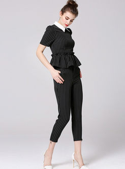 Casual Lapel Striped Slim Two Piece Outfits