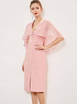 Sweet Pink Lapel Cloak Slit Bodycon Dress