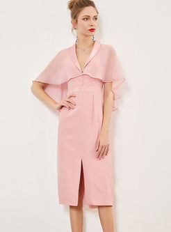 Sweet Pink Lapel Cloak Slit Bodycon Dress
