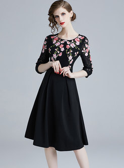 Crew Neck Embroidered Lace Skater Dress