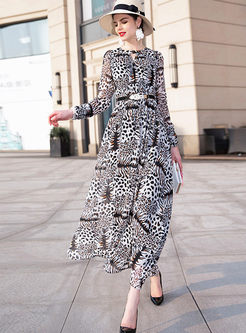 Retro O-neck Long Sleeve Leopard Chiffon Dress