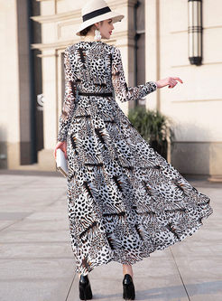 Retro O-neck Long Sleeve Leopard Chiffon Dress