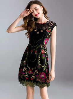 Black Embroidered Sleeveless A-line Dress
