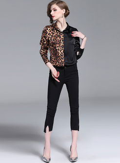 Lapel Long Sleeve Leopard Blouse
