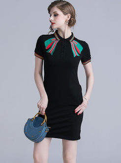Casual Lapel Bowknot Embroidered Dress